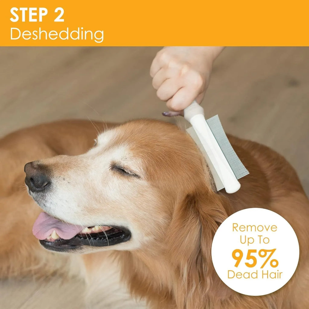 White 2 in 1 dog cat deshedding brush with curved comb and anti-slip handle measuring 230x60mm