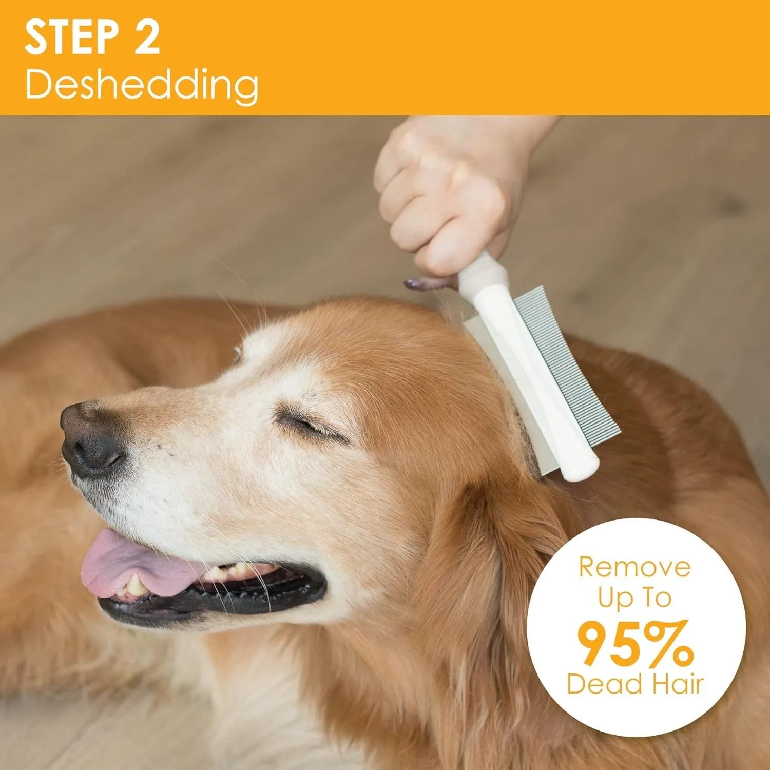 White 2 in 1 dog cat deshedding brush with curved comb and anti-slip handle measuring 230x60mm