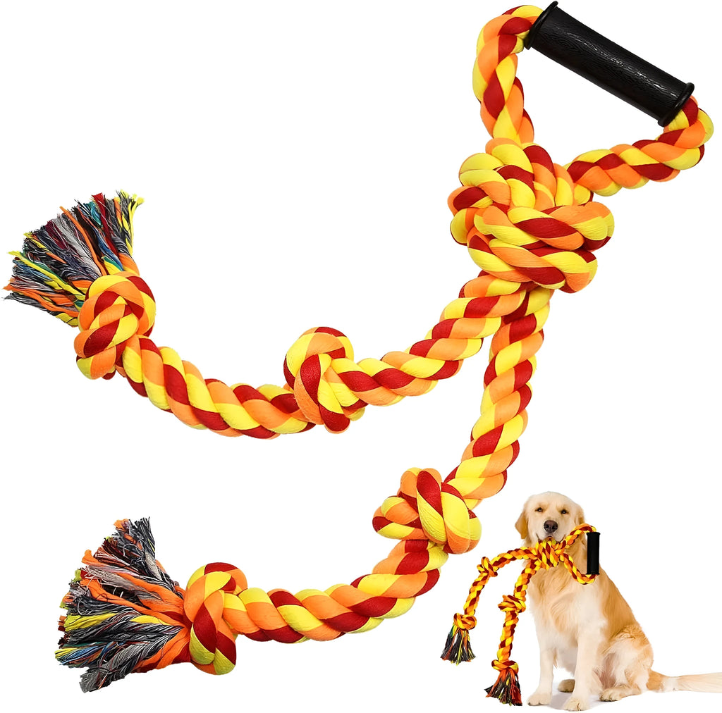 Blue and yellow cotton rope tug toy for large dogs with a non-slip handle.