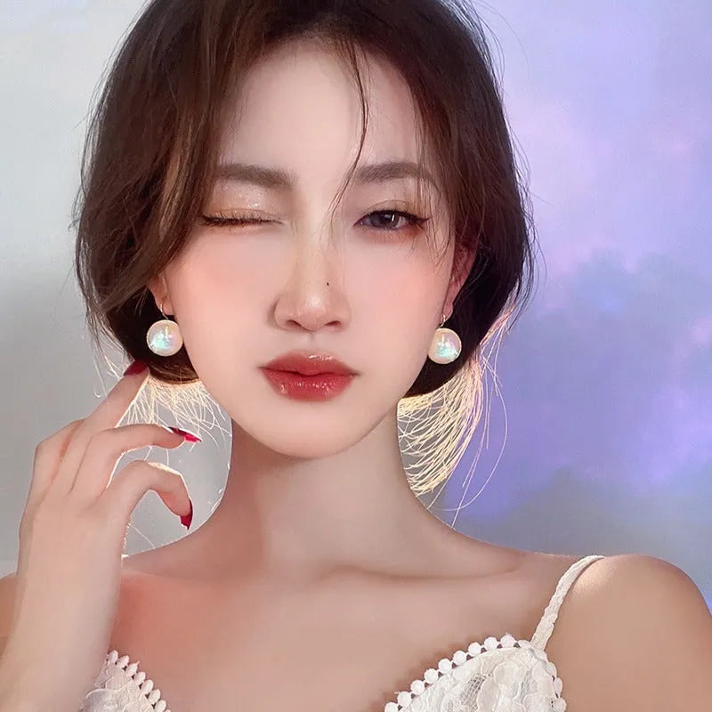 Geometric round colourful mermaid pearl ear clips with anti-lost clip design for women