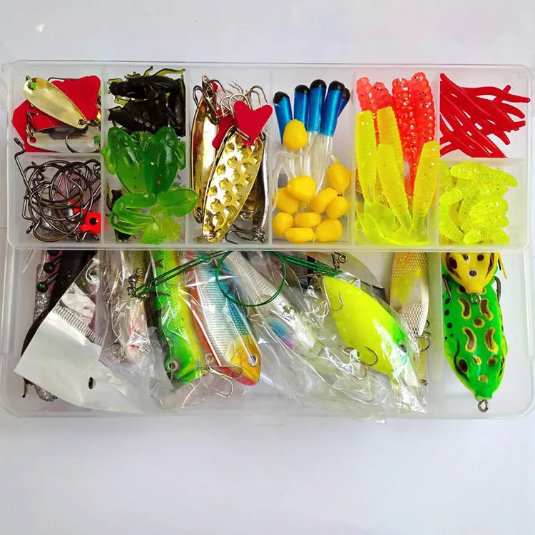 142-piece fishing lure suit with assorted hard mino sequin lures, superbait designs, and metal fishing pliers.