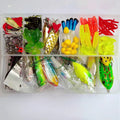 142-piece fishing lure suit with assorted hard mino sequin lures, superbait designs, and metal fishing pliers.