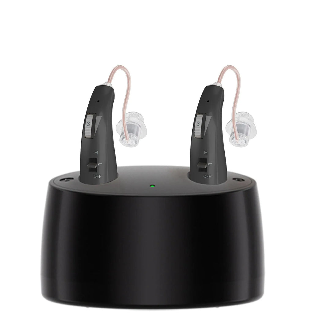 Behind-the-ear aid headset with simple charging bin, PVC housing in skin colour, silver finish