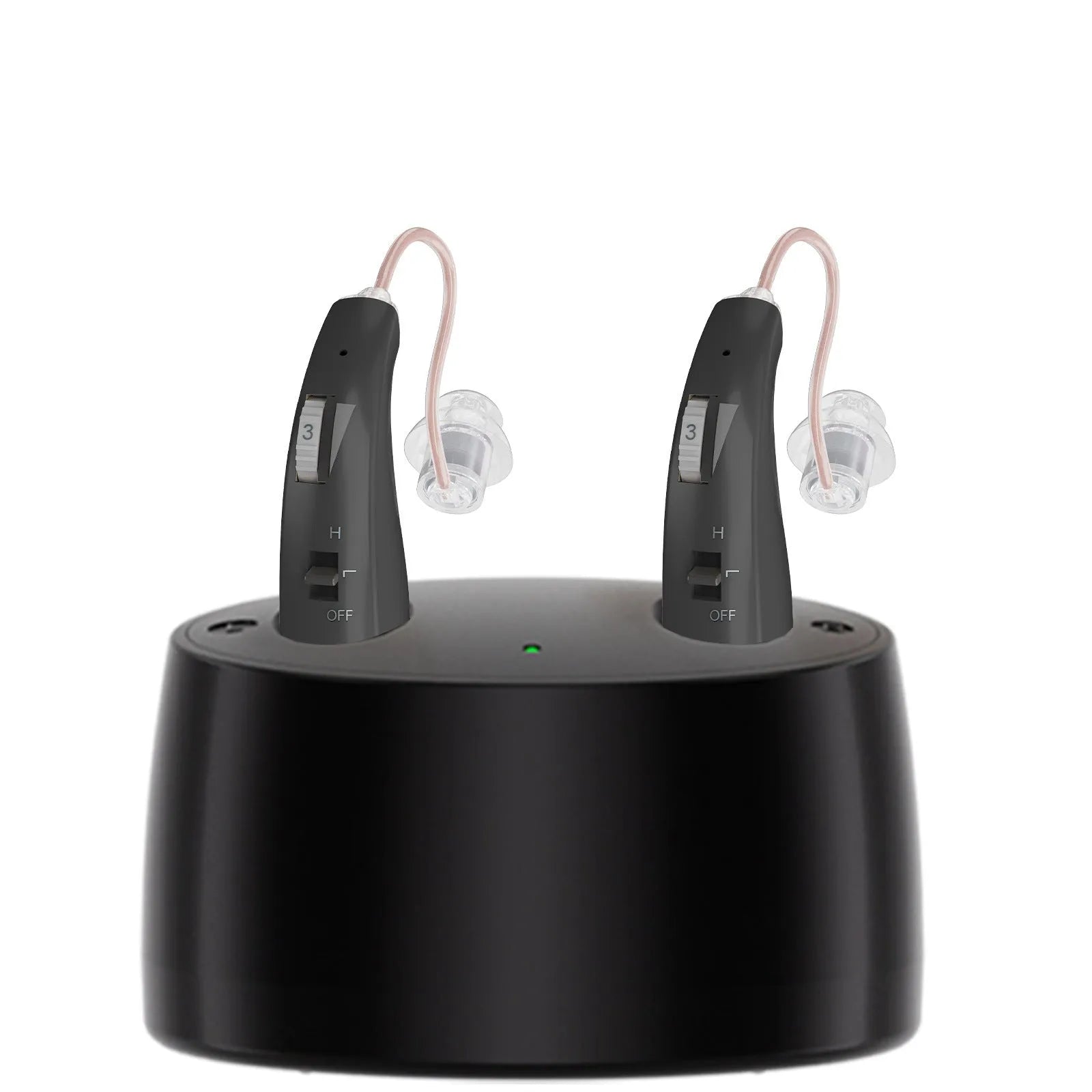 Behind-the-ear aid headset with simple charging bin, PVC housing in skin colour, silver finish