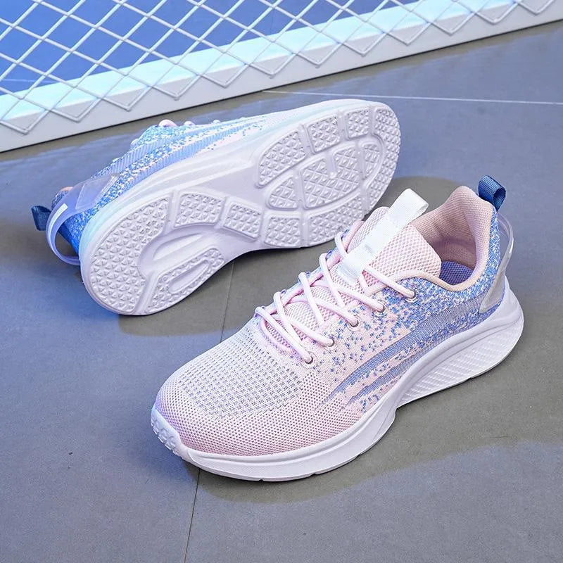 Anti-slip dance flat mesh sports shoes in Blue Pink with low heel and lace-up fastening