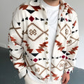 Men's white shirt jacket with retro ethnic print, lapel collar, and long sleeves on a model