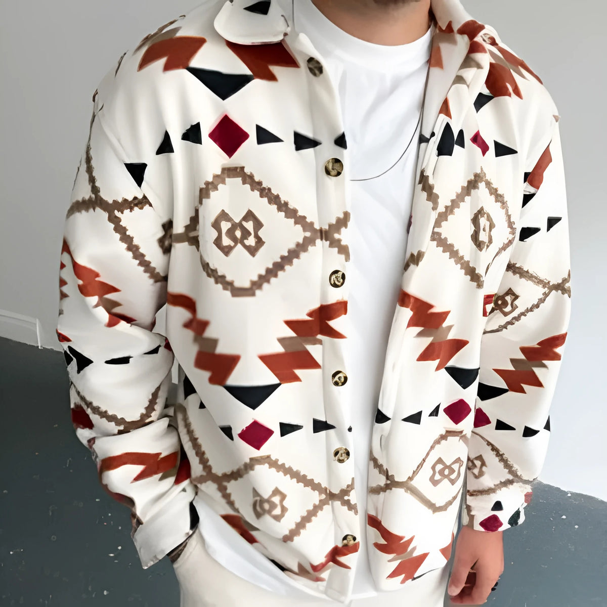 Men's white shirt jacket with retro ethnic print, lapel collar, and long sleeves on a model