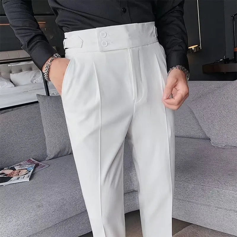 Men's high-waist straight-leg trousers in neutral colours on a hanger.