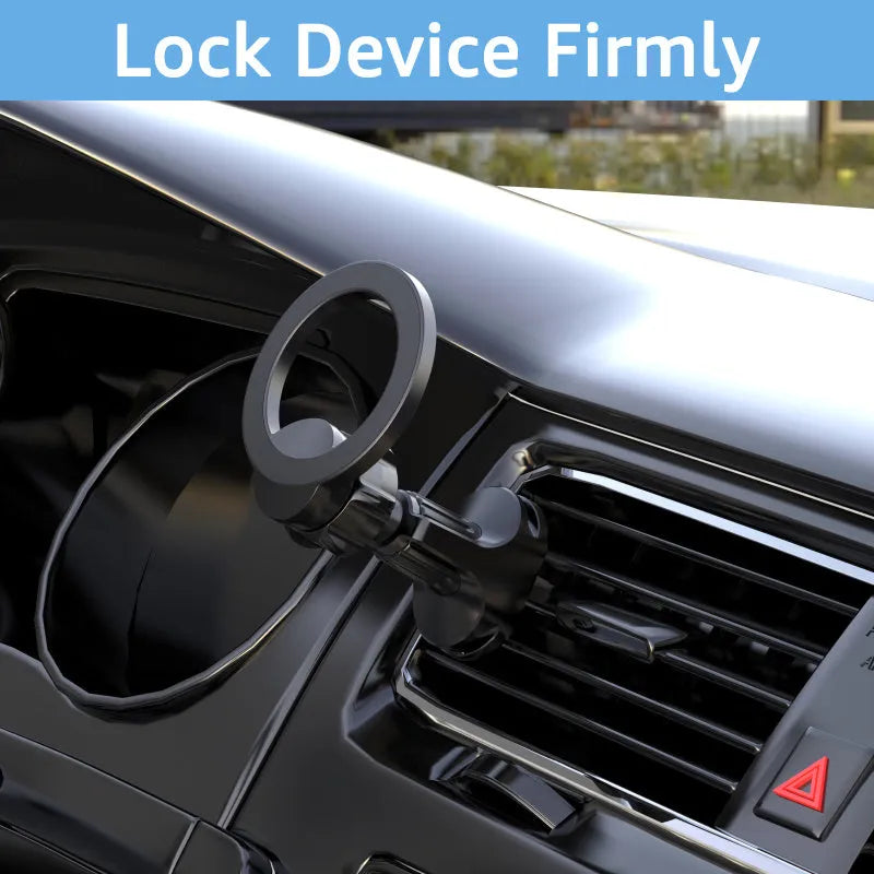 Black magnetic car phone holder mounted on car air vent with O-ring bracket