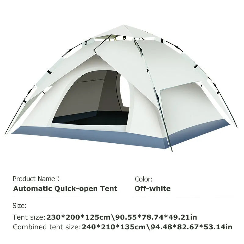 Beige fully automatic quick-opening double-deck outdoor tent set up on grass, with internal and external layers visible