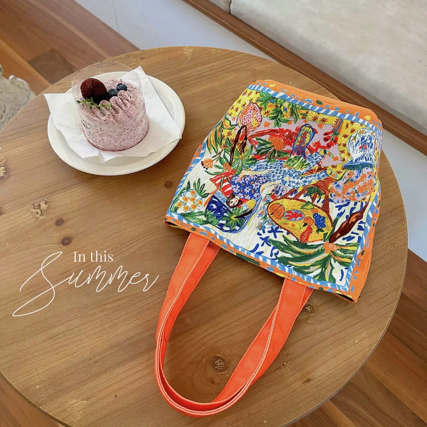 Dream Garden Orange plush canvas bucket bag with double shoulder straps and artistic letter printing