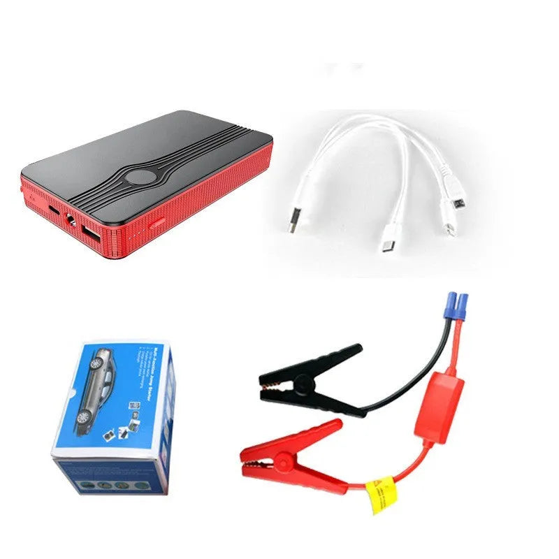 Red K4-E portable car jump starter and power bank unit with USB port and display.