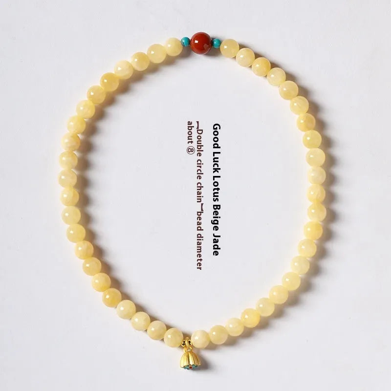 Handmade yellow jade double ring bracelet with lotus seedpod pattern and 8mm 6mm beads