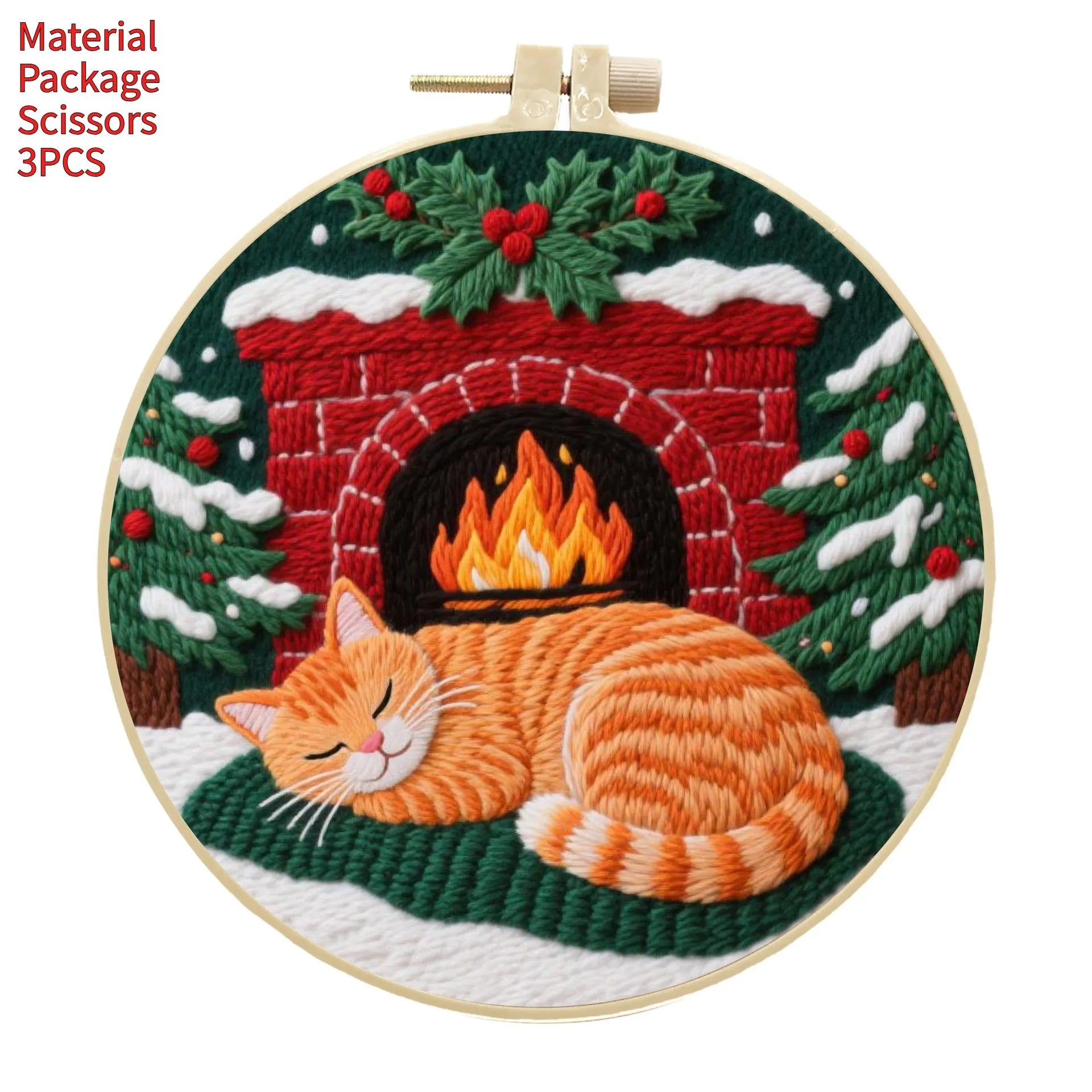 Cat-themed DIY embroidery kit showing Autumn Fruit pattern on cotton linen fabric with optional bamboo frame and scissors.