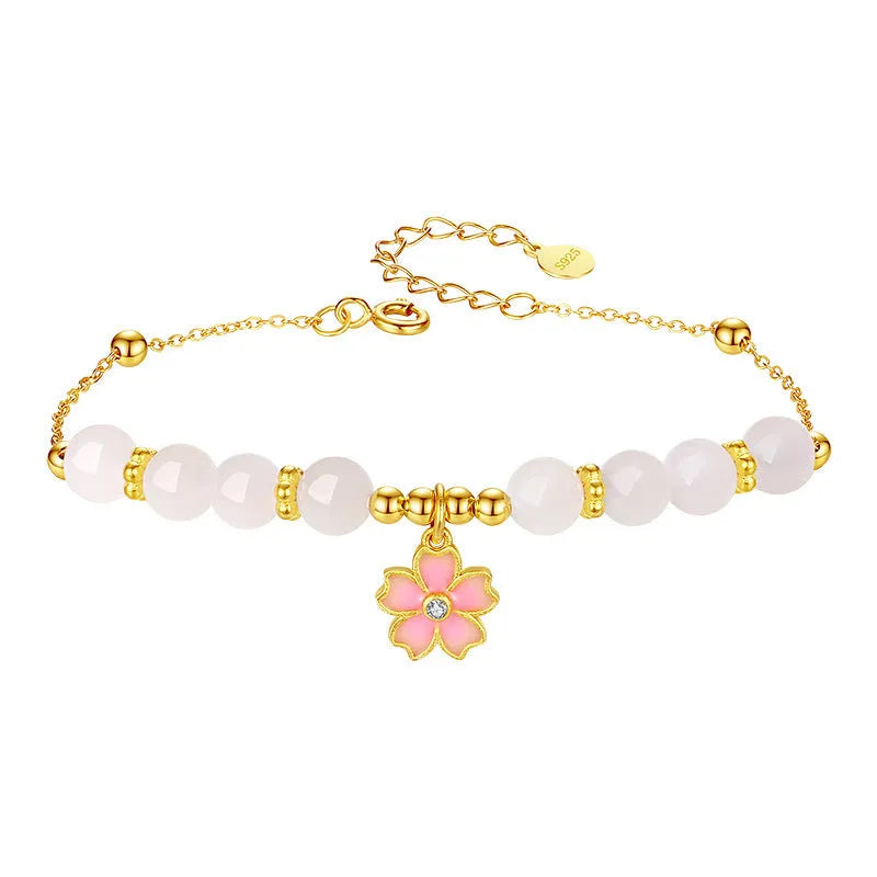Pink S925 silver bracelet with cherry blossom pendant and Hetian jade beads