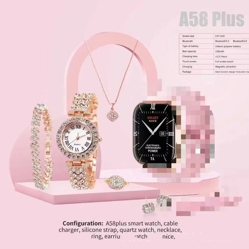 A58plus smart watch suit on wrist showing TFT touch screen, available in black, gold, silver, grey, and beige colours.