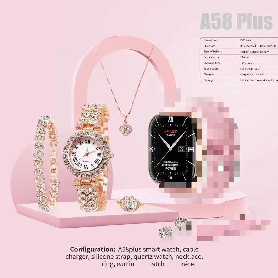 A58plus smart watch suit on wrist showing TFT touch screen, available in black, gold, silver, grey, and beige colours.