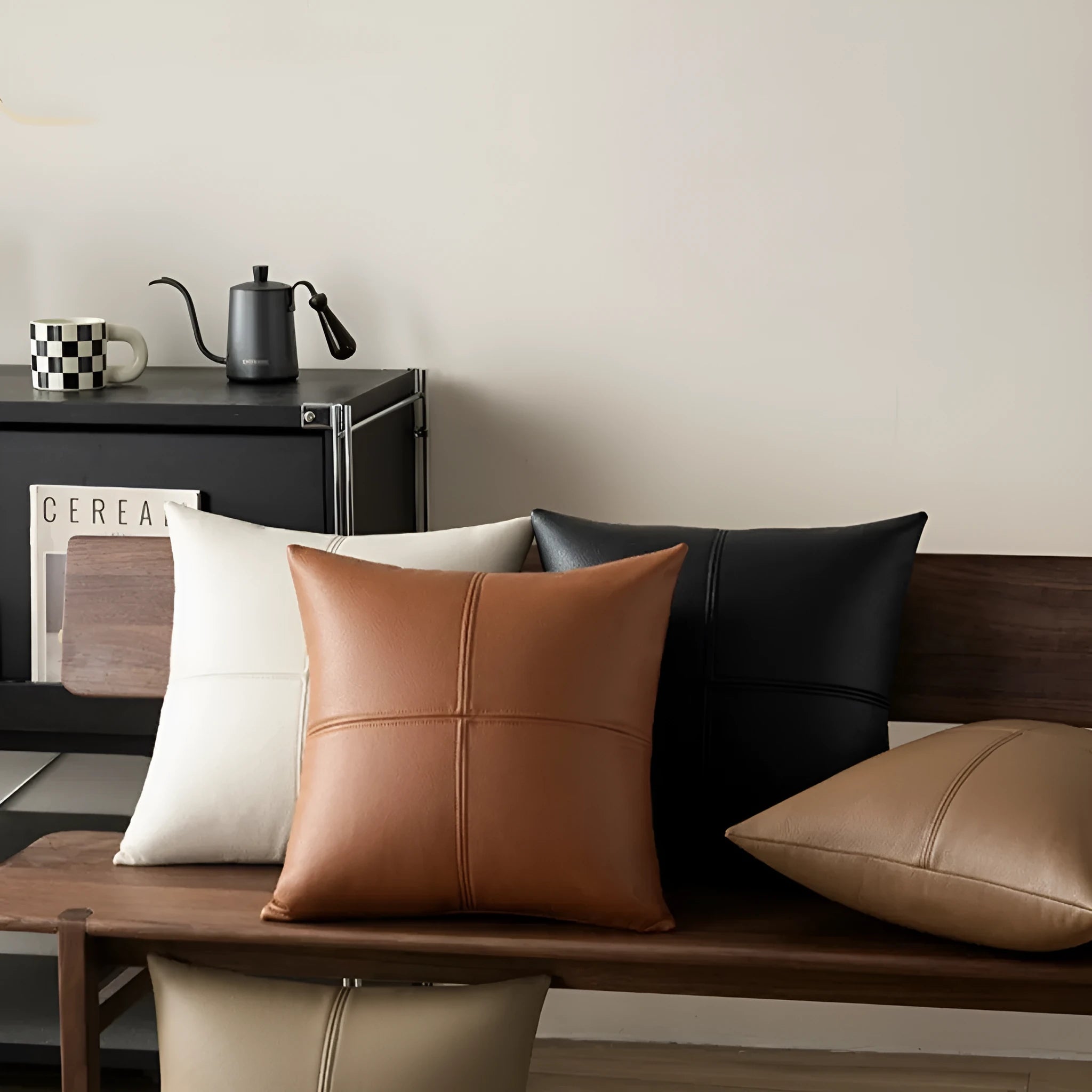 Soft cowhide leather pillow cover in solid colour on sofa, Nordic style decorative cushion case