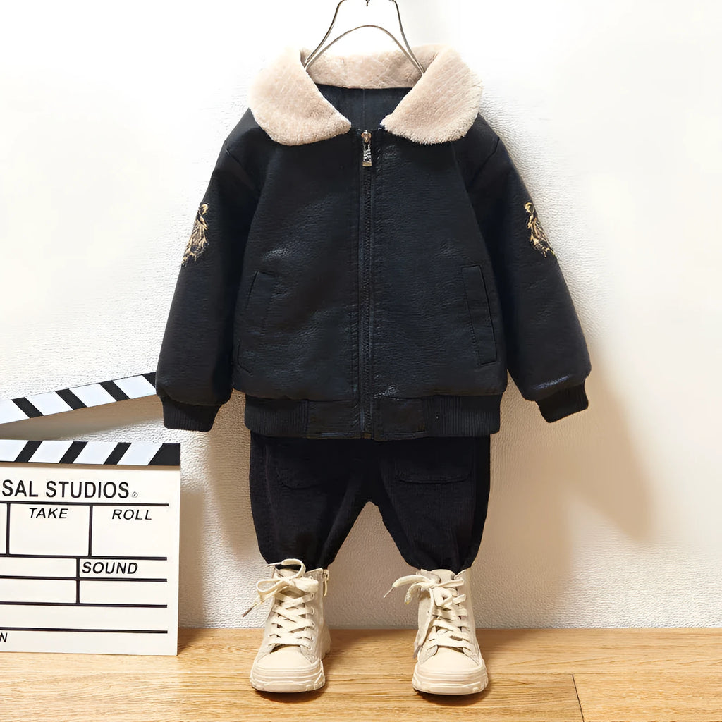 Black PU leather long-sleeved plus velvet jacket for boys with lapel collar and zipper closure, flat lay view