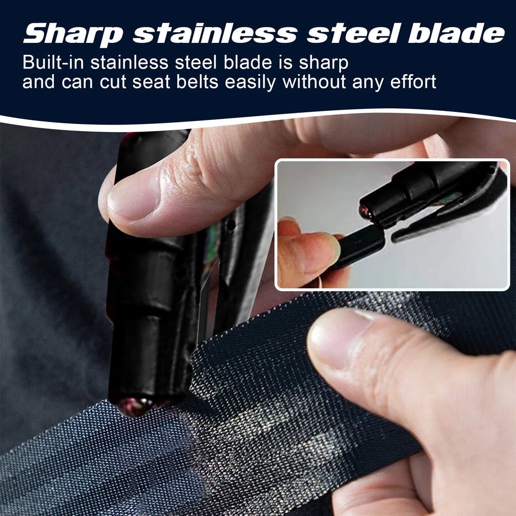 Mini car emergency escape hammer measuring 3.5 by 7.5 cm with seatbelt cutter blade