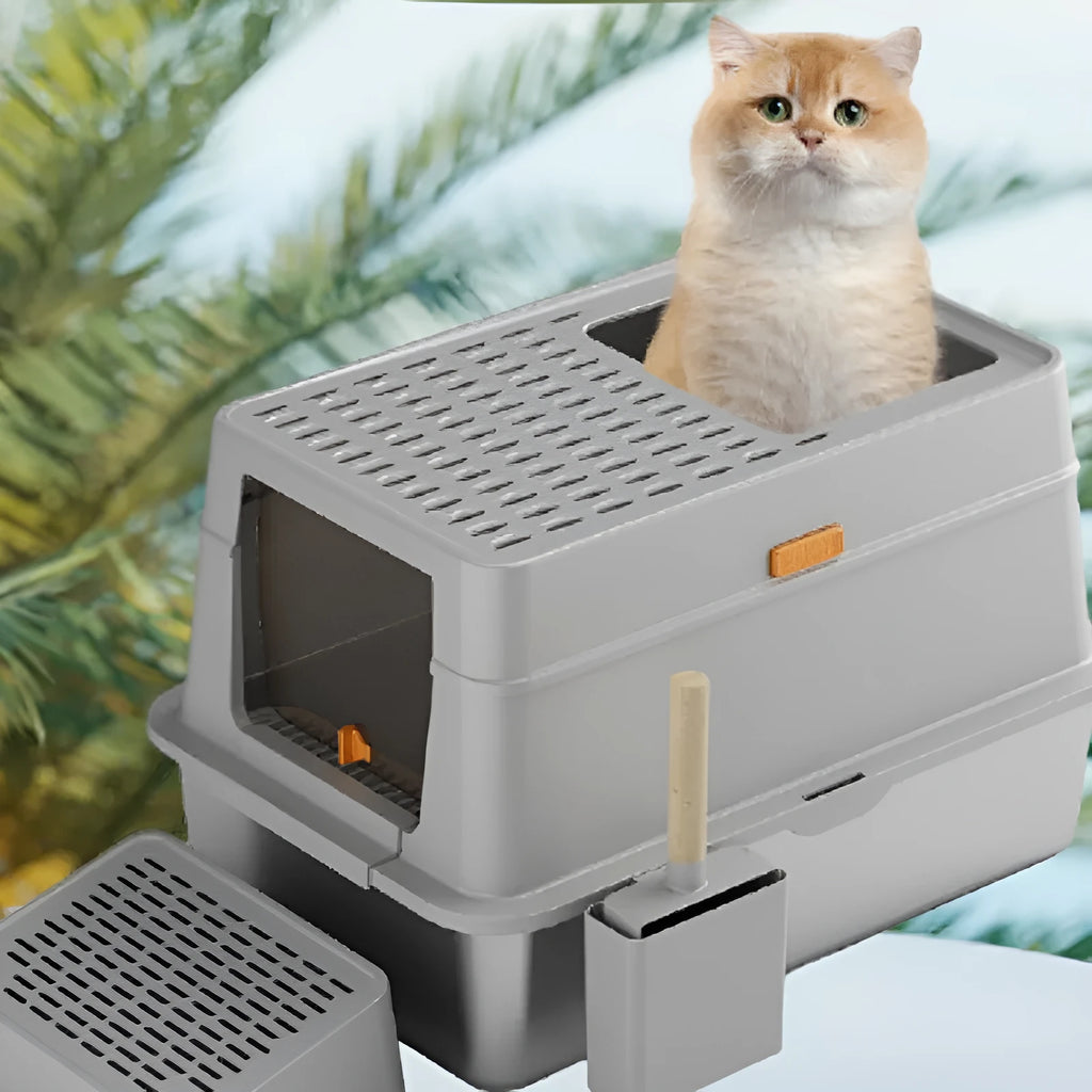 Grey enclosed cat toilet with pedal entry and stainless steel litter pan