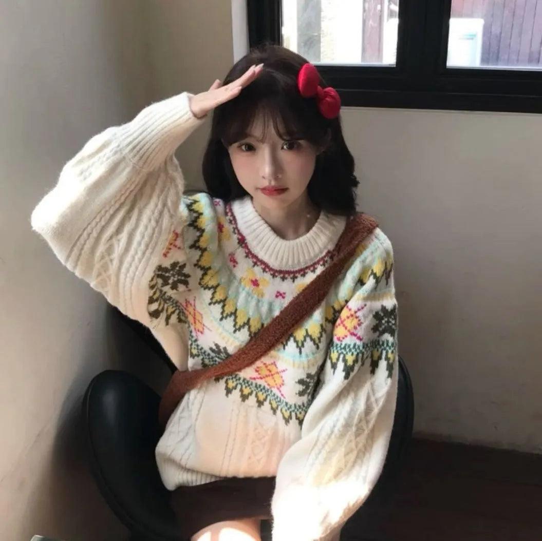 Women's Milky White lantern sleeve pullover sweater with Mori-style textured knitting