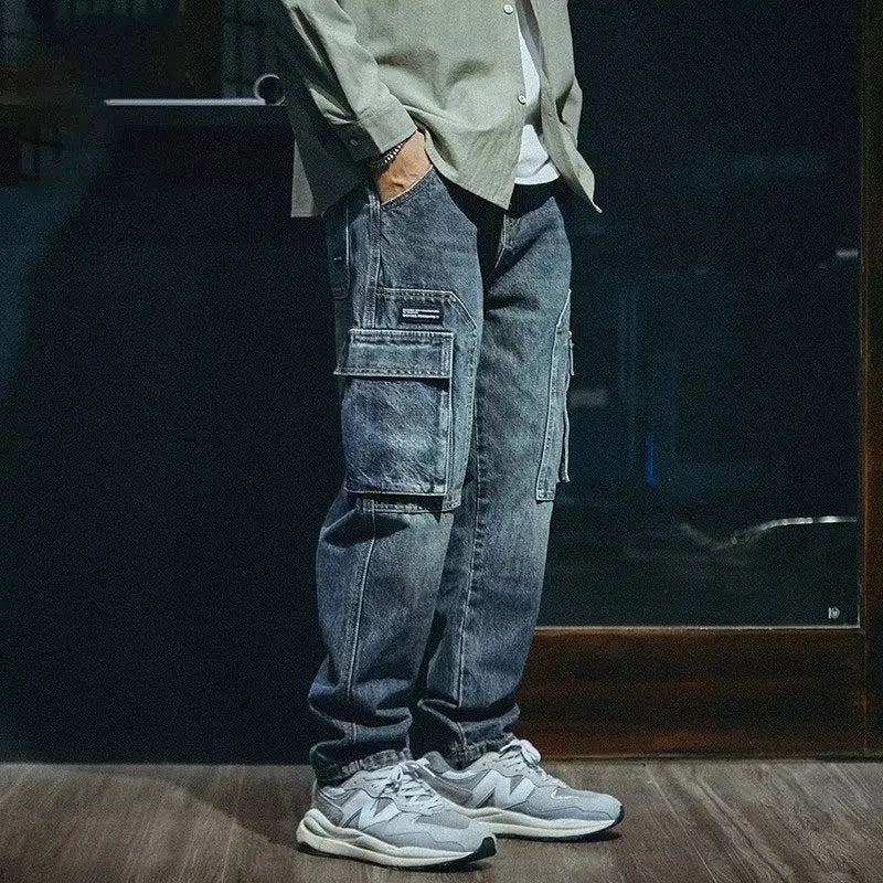 Men's blue loose straight retro jeans with zip fly in polyester stretch denim fabric