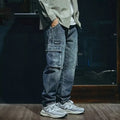 Men's blue loose straight retro jeans with zip fly in polyester stretch denim fabric