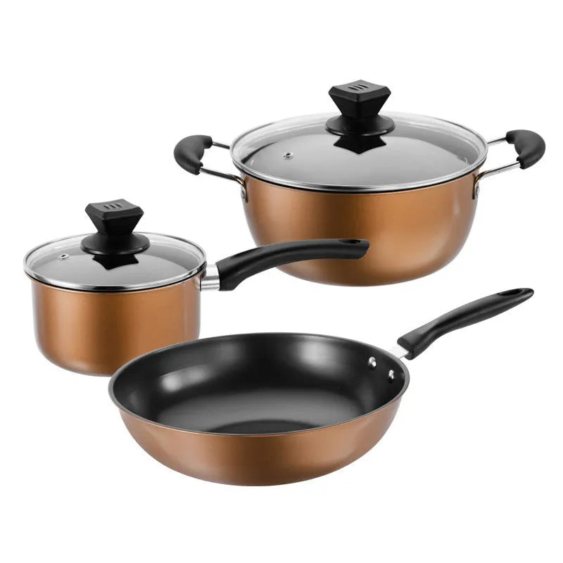 Three-piece cast iron cookware set with soup pot, milk pot and wok featuring non-stick coating