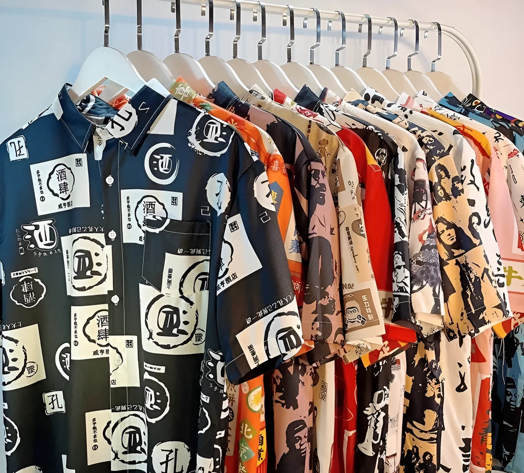 Loose-fitting short sleeve shirt with a colourful full floral print, shown on a hanger.