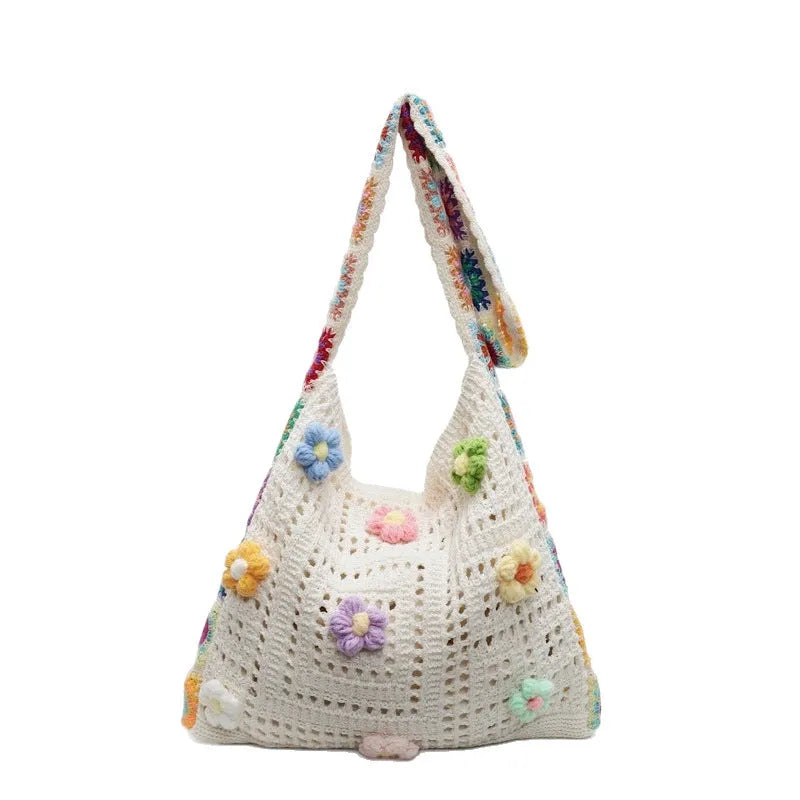 Polyester woven beach shoulder bag with hollow design in milky white colour showing dimensions