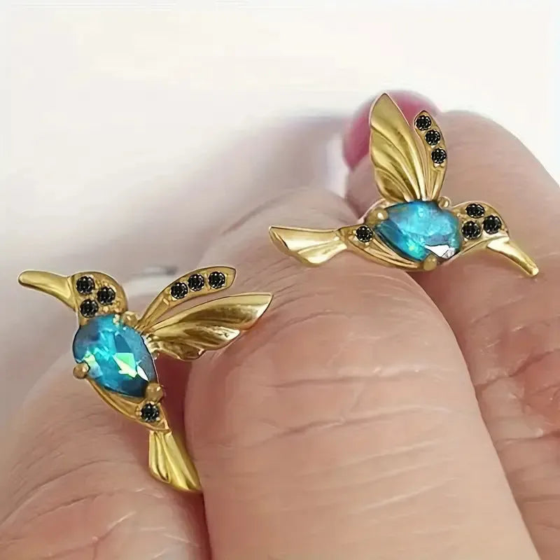 Long drop bird earrings for women with zirconium wings in blue, red, or red lvzuan colours.