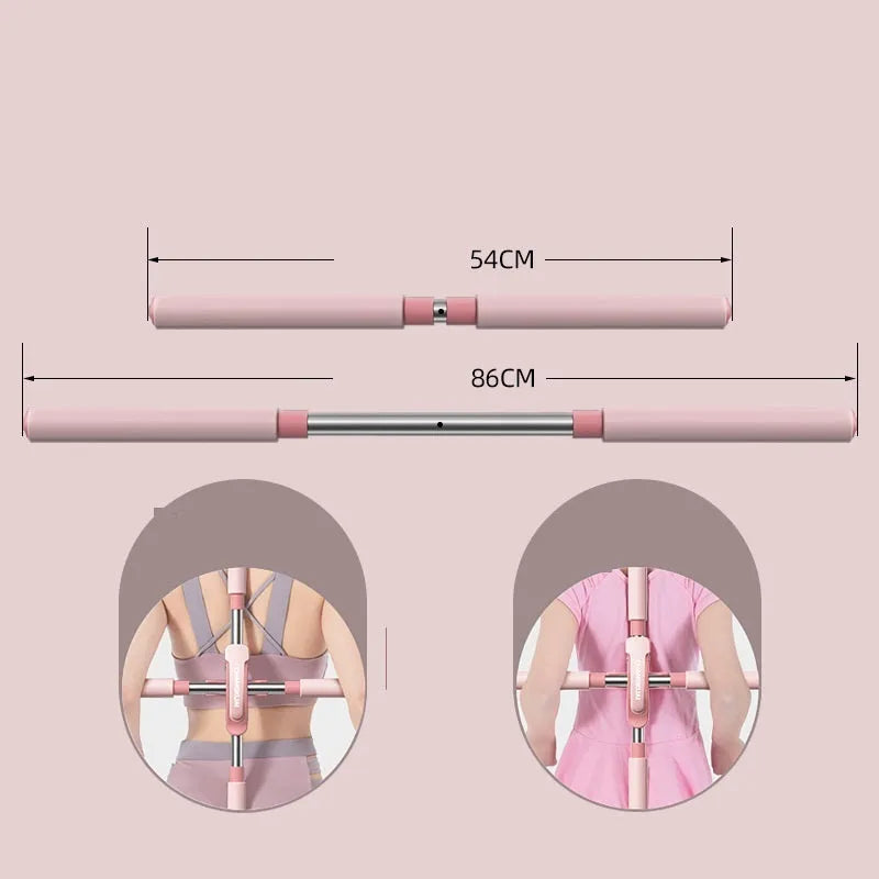Adjustable yoga shoulder correction back stick in pink, blue, and green with 54-86cm range