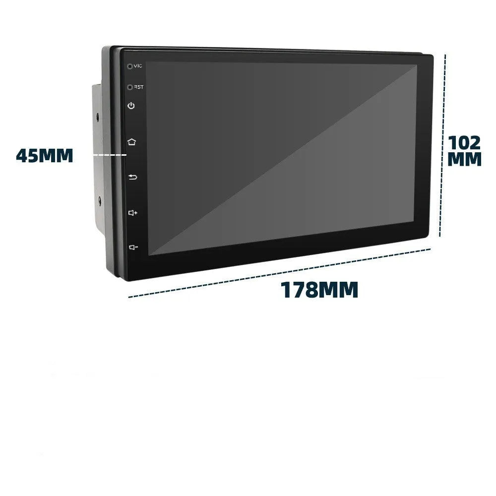 Black universal car MP5 player with 7-inch touchscreen showing GPS navigation maps and CarPlay interface