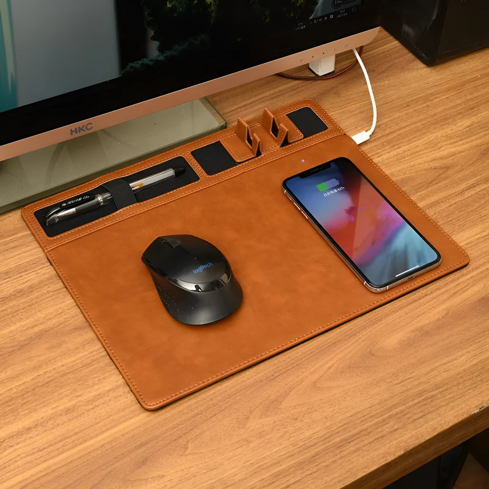 Pink multifunctional wireless charging gaming mouse pad with phone holder, 320mm by 260mm.