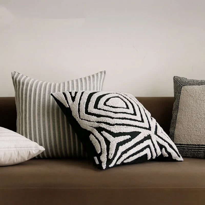 Black and white geometric towel embroidery square pillow cover on sofa 50x50cm