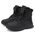 Men's black high-top winter boots with fleece lining and lace-up front on a ribbed TPR sole.