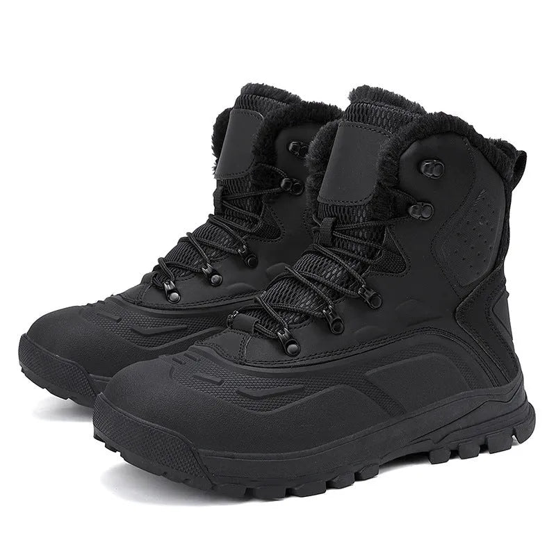 Men's black high-top winter boots with fleece lining and lace-up front on a ribbed TPR sole.