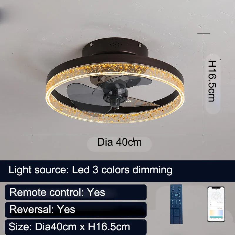 Nordic design ceiling fan light with remote control in 50cm diameter iron and acrylic construction