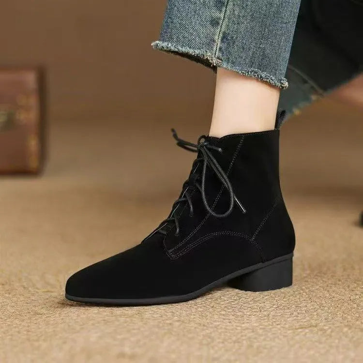Women's matte brown pointed low-heel ankle boots with block heel and fleece lining