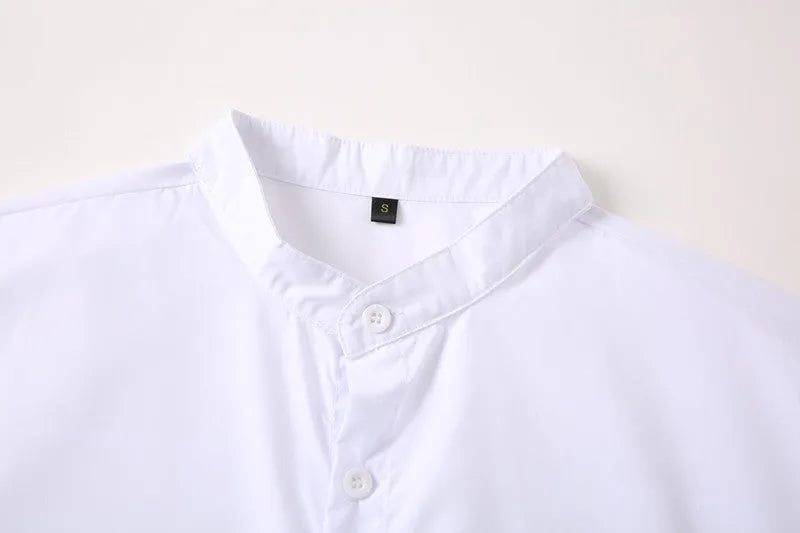 Stand-up collar white shirt for teenage men, long sleeves, slim fit, white colour
