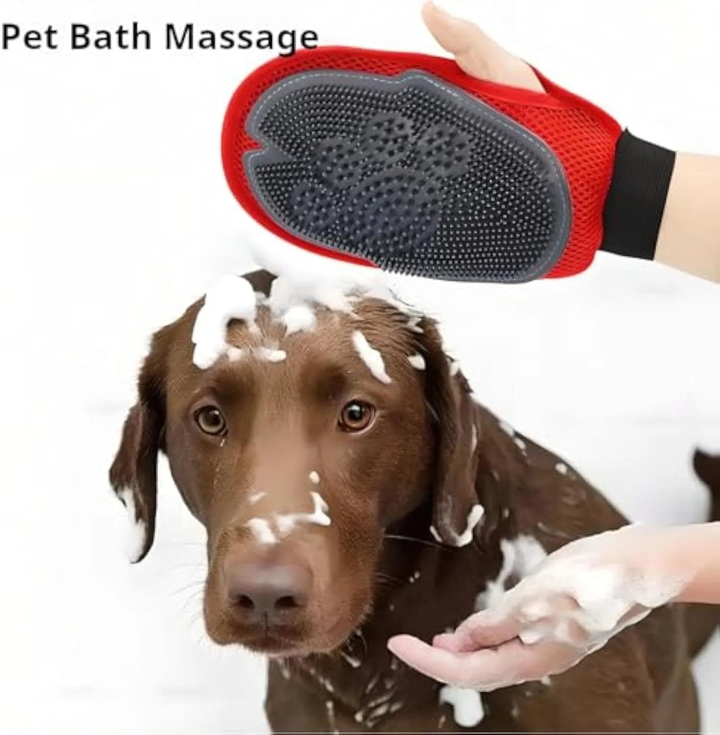 Red pet bathing glove with silicone brush bristles and adjustable strap for grooming dogs and cats