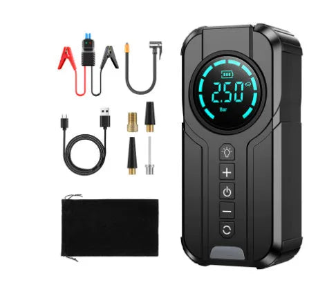 Portable black car tyre inflator pump with digital display, battery, and a set of inflation nozzles on a grey background.