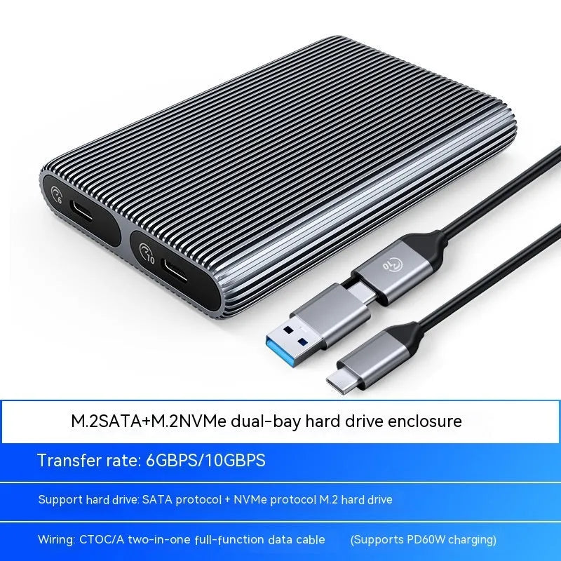 Aluminium external SSD enclosure for M.2 SATA or NVMe drives with USB cable and thermal materials.