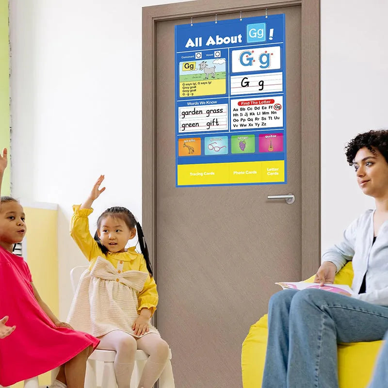 Large alphabet learning sleeve chart with colourful letter, word, and picture cards displayed on its surface.