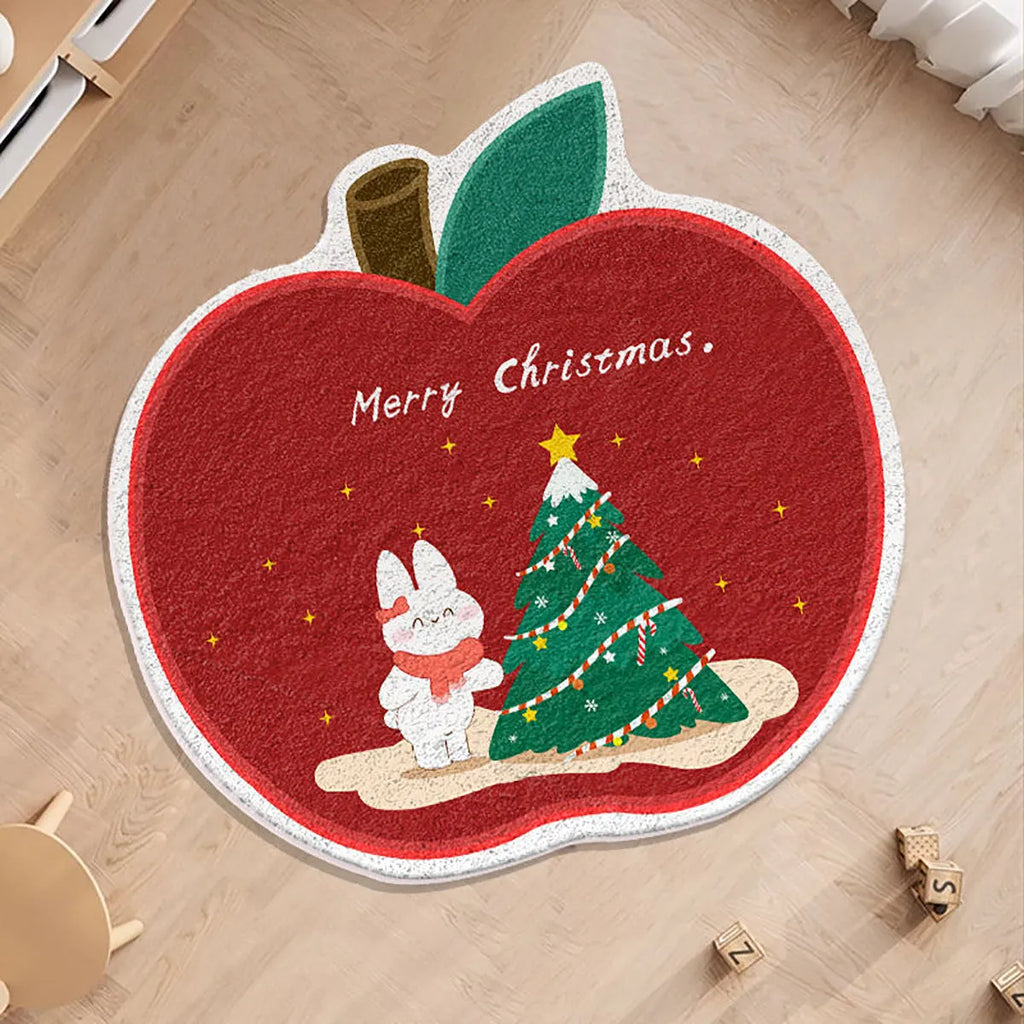 Round alien-shaped Christmas floor mat with festive patterns in imitation cashmere fabric.