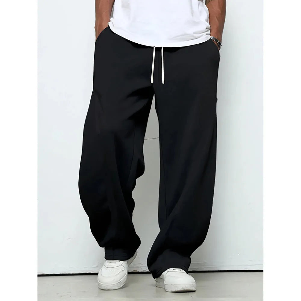 Men's casual straight leg polyester trousers with elastic drawstring waist in solid colours