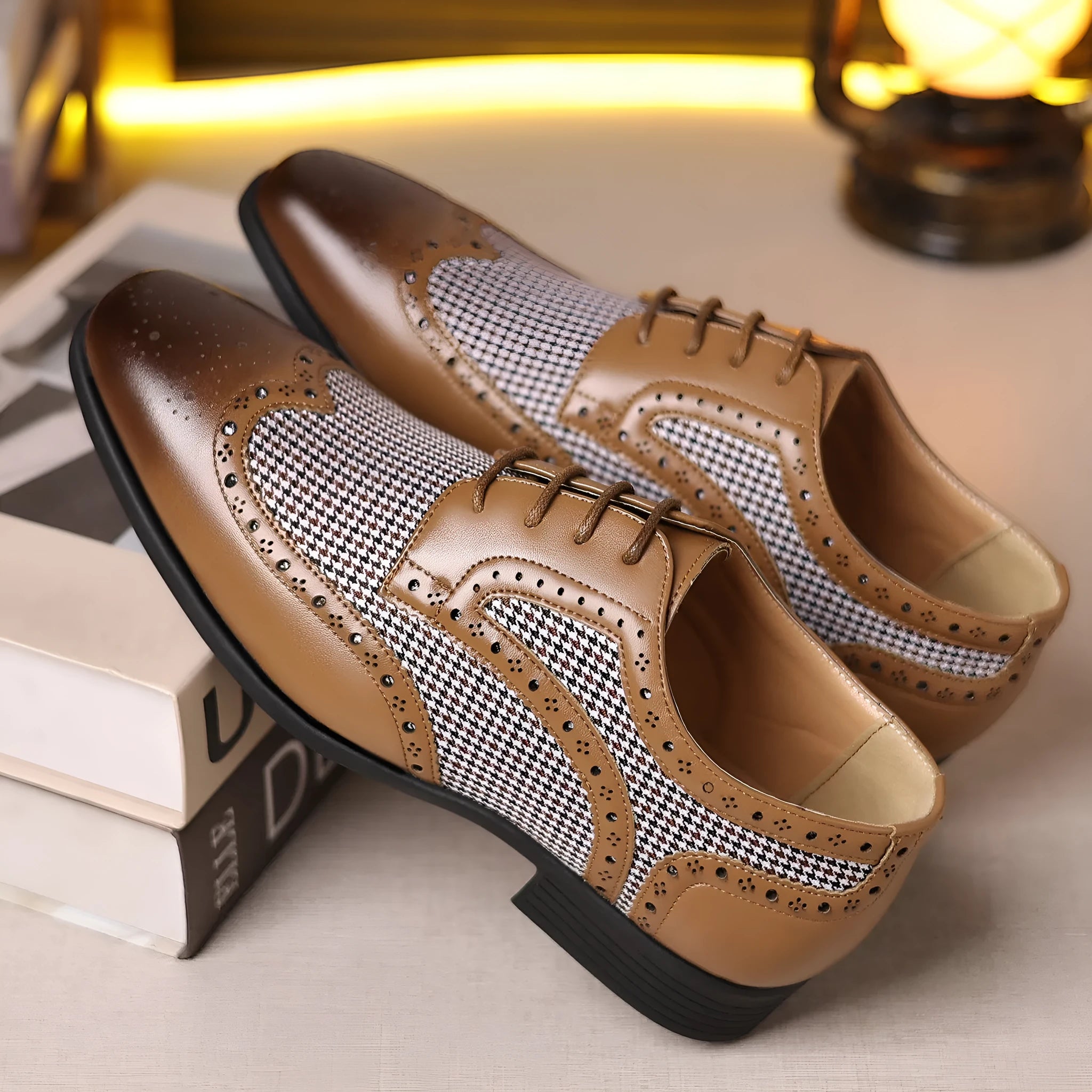 Men's black houndstooth plaid casual leather shoes with square toe and lace-up design