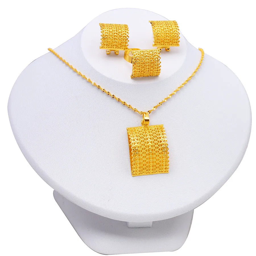 Golden bridal jewellery set with copper necklace, earrings, and ring wedding accessories