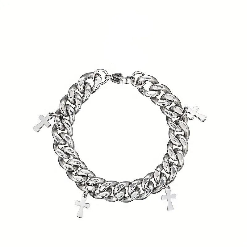 Men's titanium steel bracelet showing a geometric cross design on a simple band.
